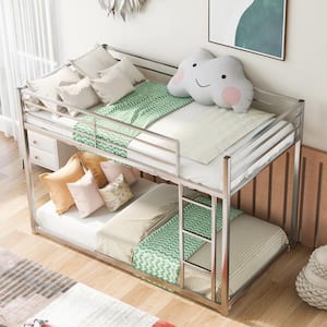 Silver Twin Metal Bunk Bed with Ladder Low Floor Twin Kids Bunk Bed Frame with Safe Guardrail