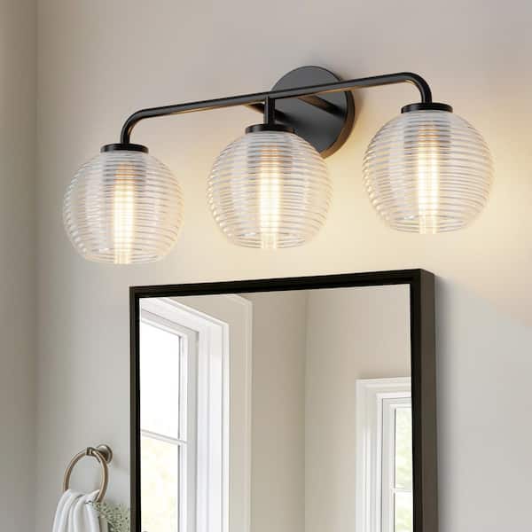 YANSUN 23 in. 3-Light Black Vanity Light with Globe Glass Shades for Bathroom, Mirror, Powder Room