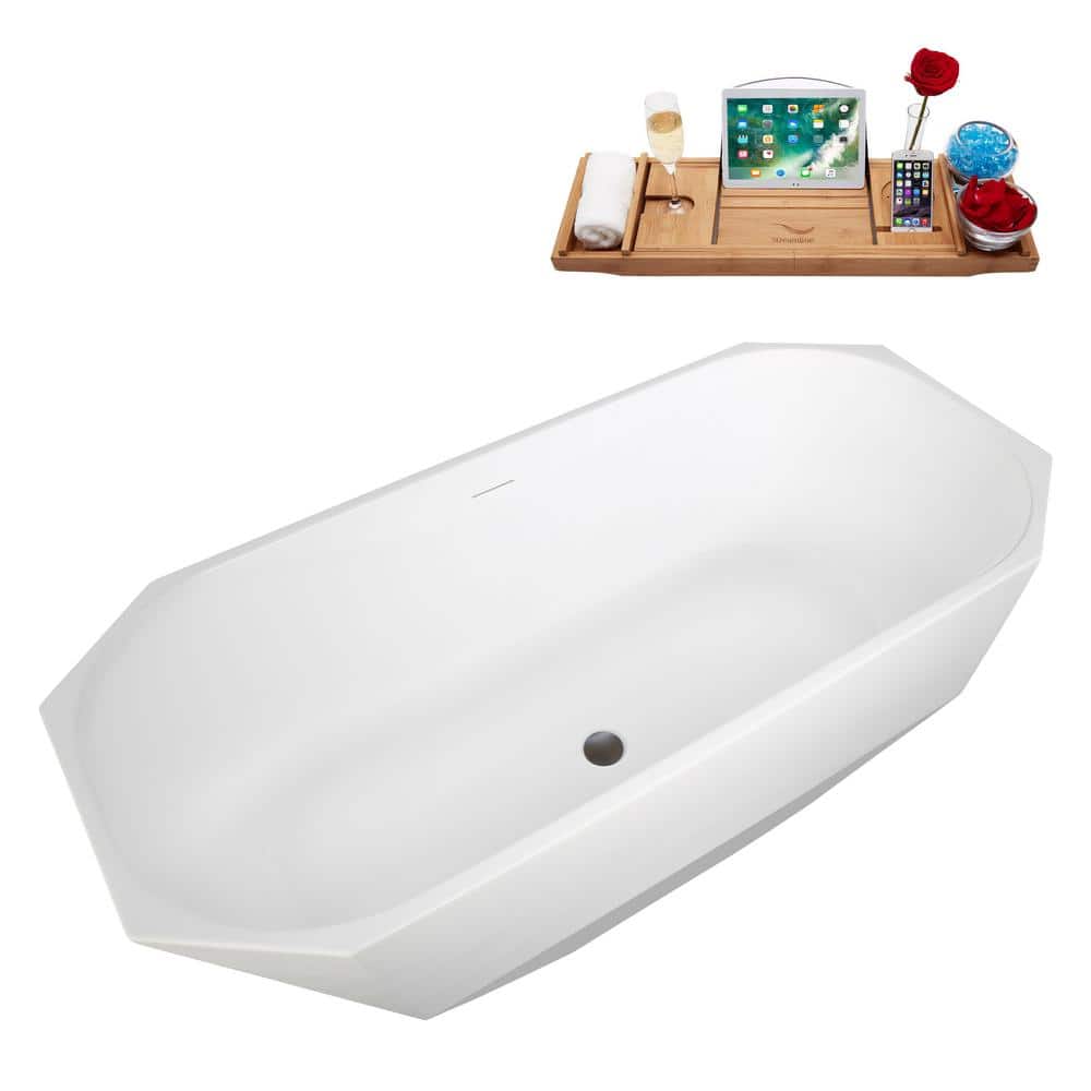 63" Glossy White Acrylic Freestanding Double Slipper Bathtub with Bamboo Tray