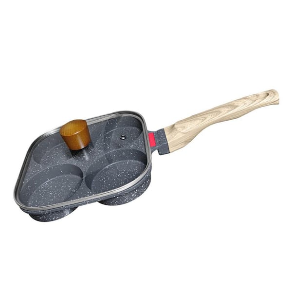 Black Aluminum 4‑Cup 3.54 in. Nonstick Egg Pan Set with Lid, Omelette Skillet for Breakfast, Includes Silicone Scraper