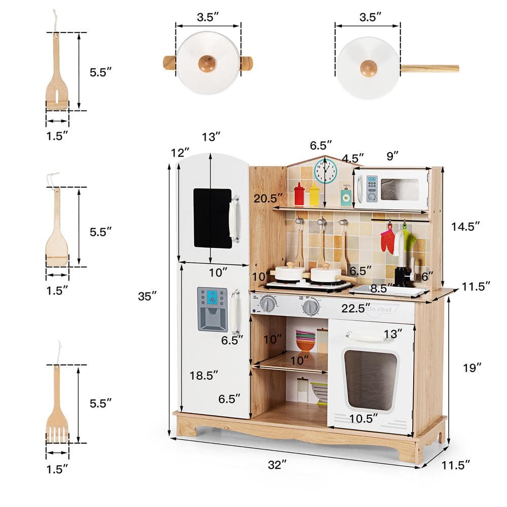 White and Natural Wooden Kids Pretend Kitchen Playset with Utensils and Sound