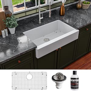 QAR-740 Quartz/Granite 34 in. Single Bowl Retrofit Farmhouse/Apron Front Kitchen Sink in White with Grid and Strainer