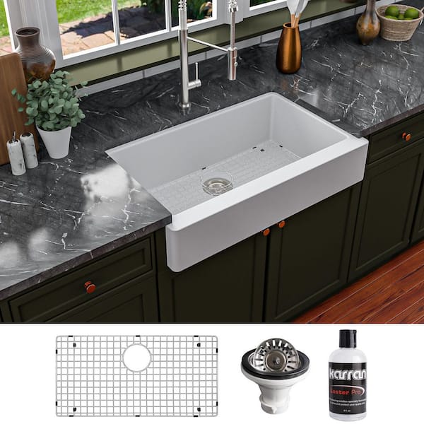 Karran QAR-740 Quartz/Granite 34 in. Single Bowl Retrofit Farmhouse/Apron Front Kitchen Sink in White with Grid and Strainer