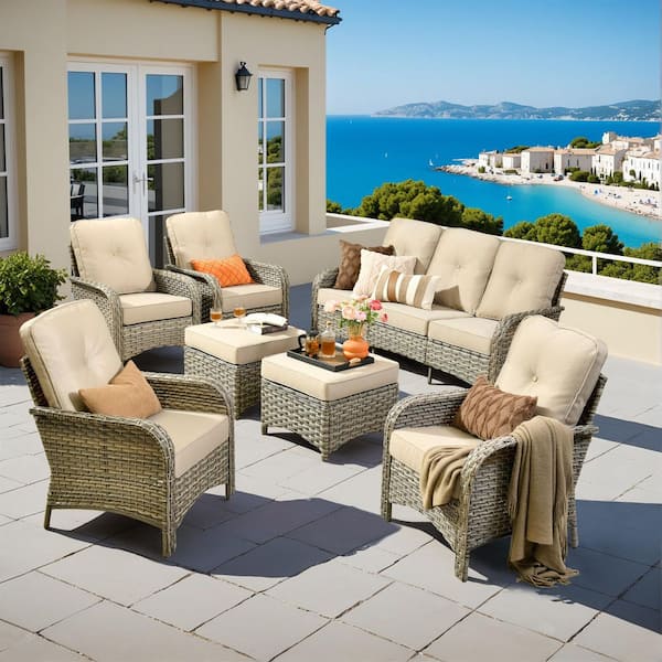 Ruby 7-Piece Wicker Modern Outdoor Furniture Patio Conversation Sofa Set with Beige Cushions