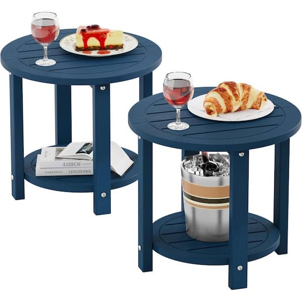 16.9 in. H Navy Round Double Layer Plastic Adirondack Outdoor Side Table(Set of 2)