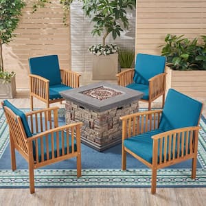 Carolina Brown Patina 5-Piece Wood Patio Fire Pit Conversation Set with Dark Teal Cushions