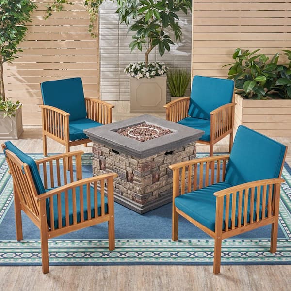 Noble House Carolina Brown Patina 5-Piece Wood Patio Fire Pit Conversation Set with Dark Teal Cushions