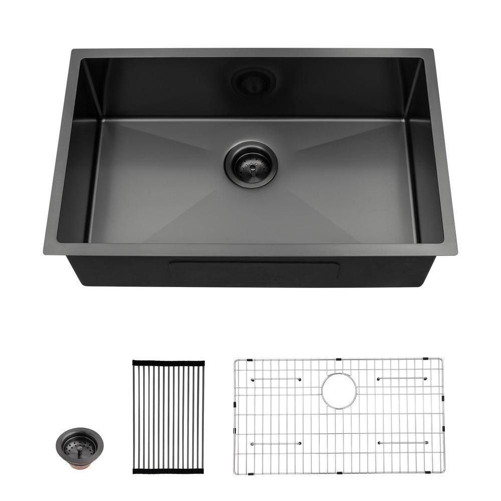 Sarlai 30 in. Undermount Single Bowl 16-Gauge Black Stainless steel ...