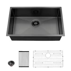 30 in. Undermount Single Bowl 16-Gauge Black Stainless steel Kitchen Sink Basin with Bottom Grid