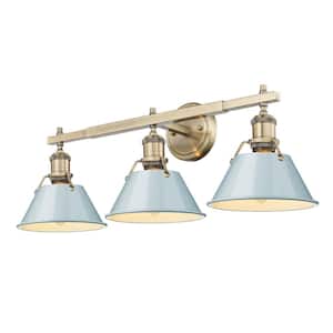 Orwell 27.25 in. 3-Light Aged Brass Vanity Light with Seafoam Shades