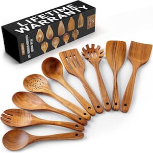 9-Piece Teak Wooden Utensils for Cooking-Smooth Finish Non-Stick Wooden Spoons for Cooking-Comfortable Grip Utensil Set
