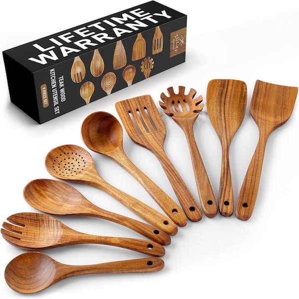 Aoibox 9-Piece Teak Wooden Utensils for Cooking-Smooth Finish Non-Stick Wooden Spoons for Cooking-Comfortable Grip Utensil Set