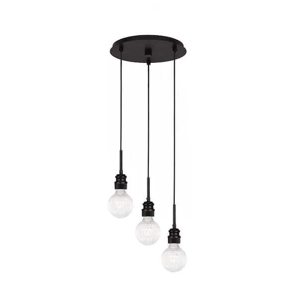 Unbranded Albany 60-Watt 15 in. 3 Light Espresso Shaded Pendant Light with Clear Ribbed Bulb No bulbs included