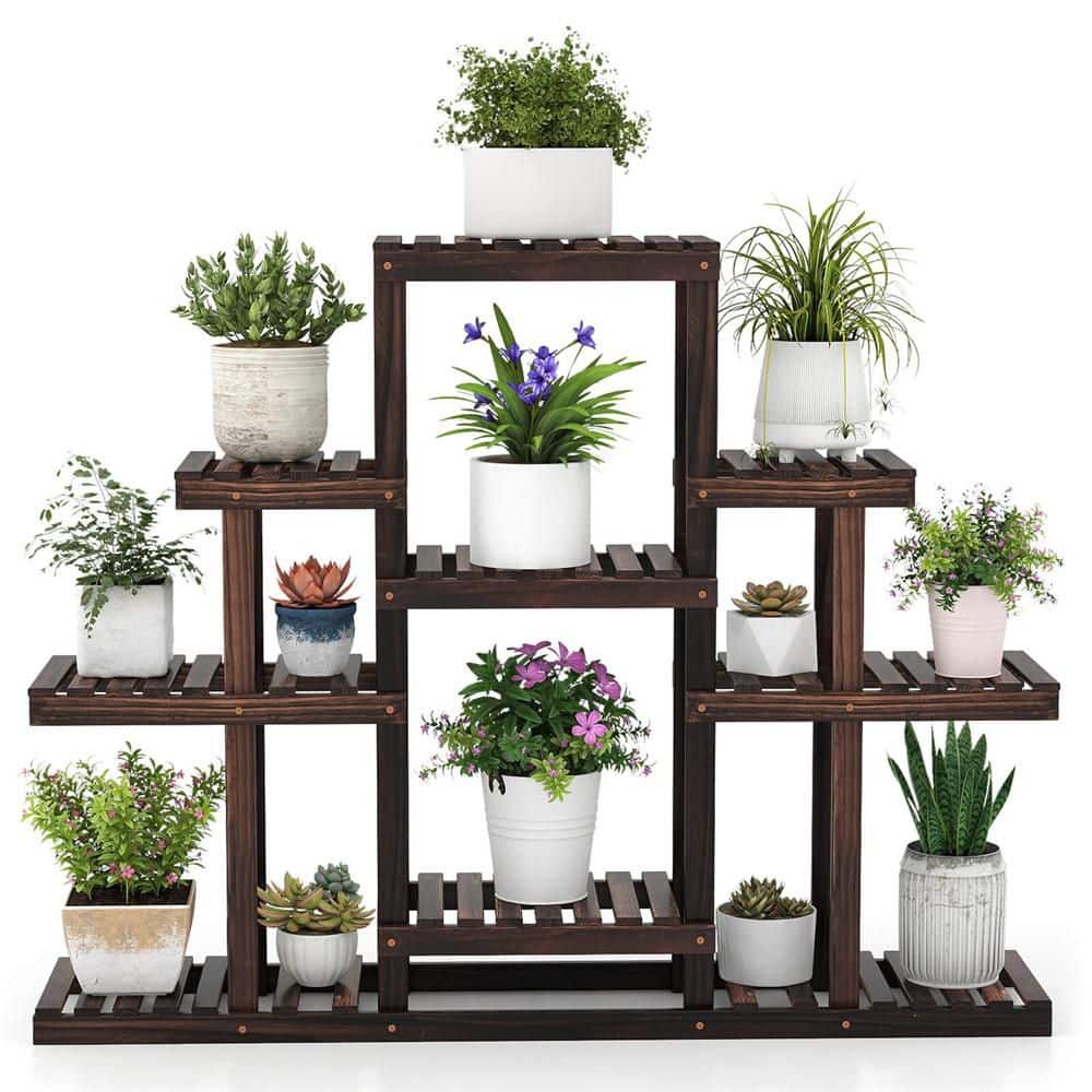 Costway 6-Tier Carbon Baking Wood Outdoor Plant Stand Plant