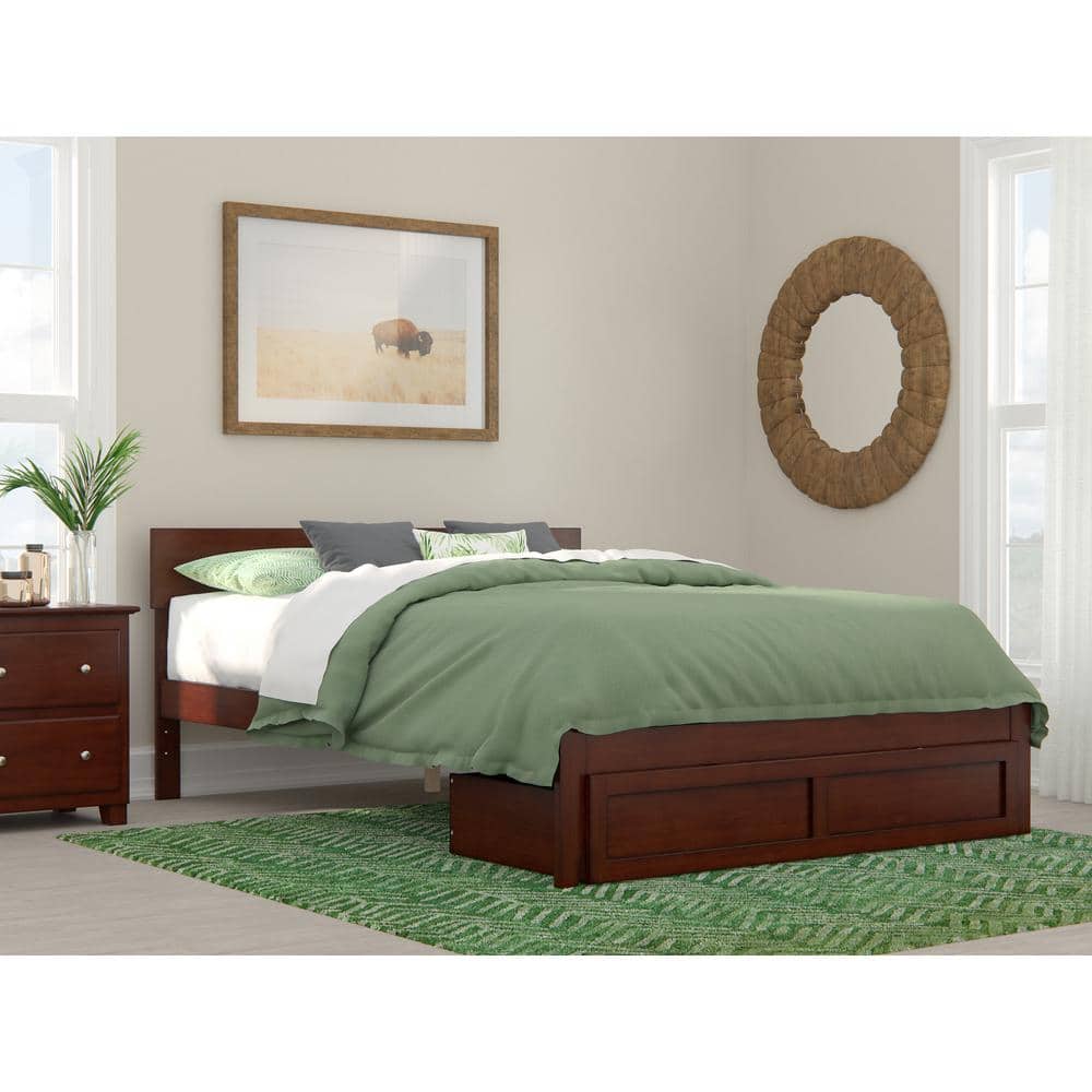 Walnut Queen Bed with Upholstered Headboard and Storage Drawer