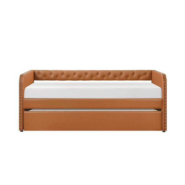 Prudhoe Brown Faux Leather Upholstered Button-tufted Twin Daybed with Trundle