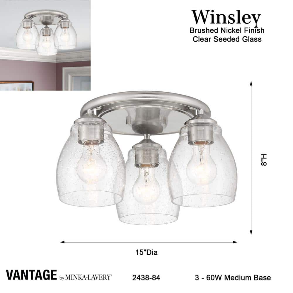 Winsley Brushed Nickel 3-Light Semi-Flush Mount with Clear Seeded Glass