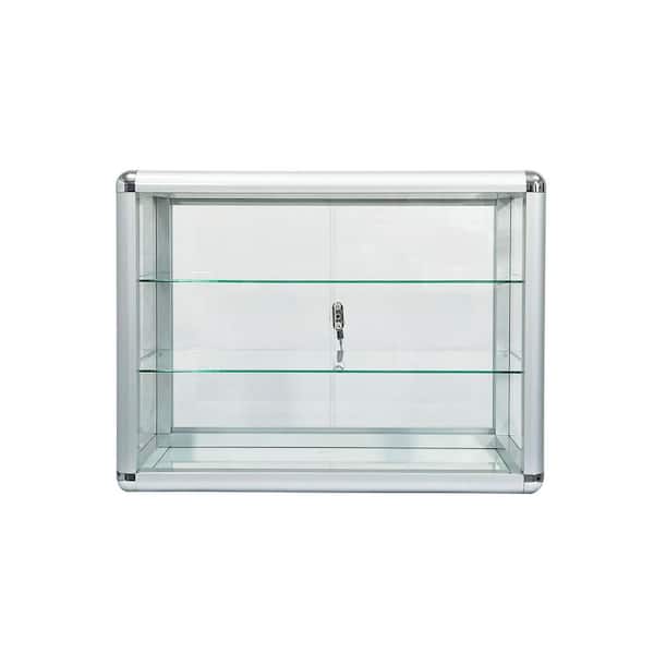 CONGE IMPORT LLC Silver 24 in x 18 in Glass adorn Jewelry Box, 3layers with Sliding Glass Door and Lock-display cabinet Explosion-proof