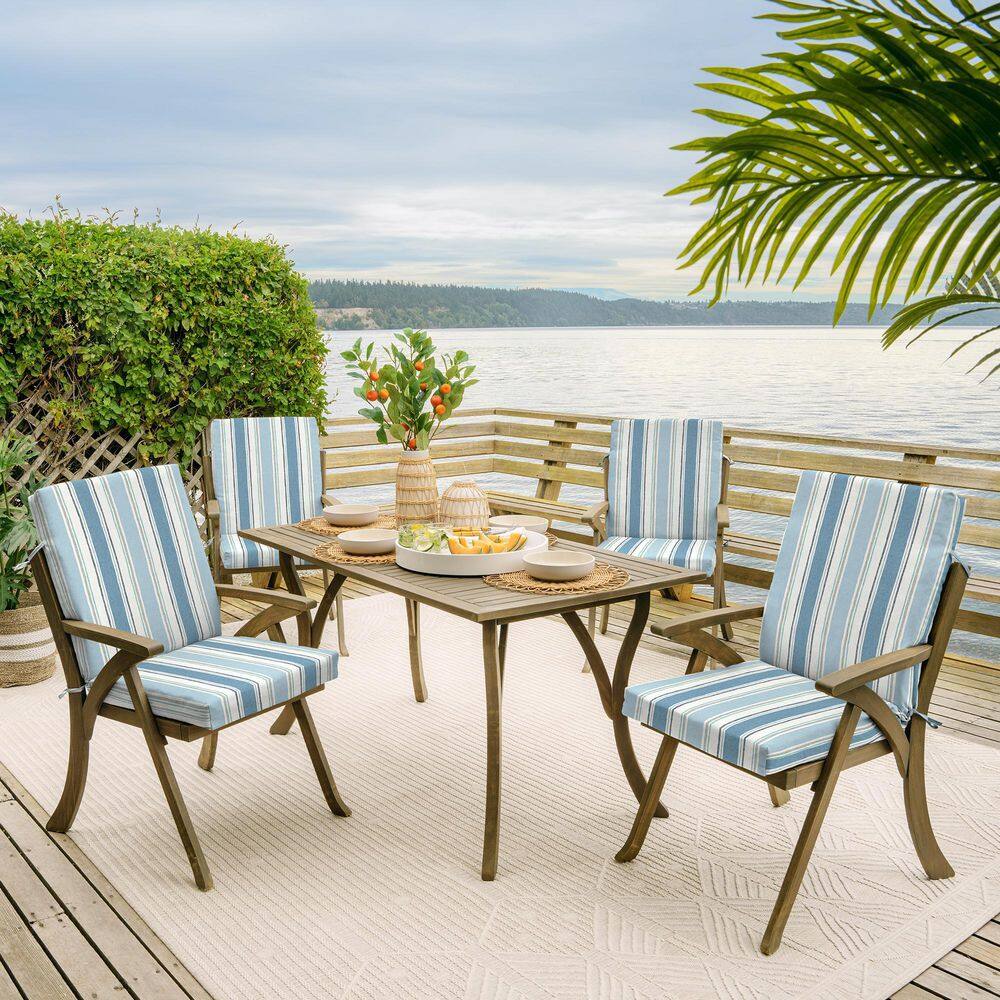 French Blue Linen Stripe Outdoor Dining Chair Cushion