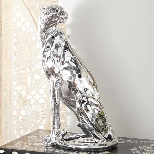 Litton Lane 10 in. x 23 in. Silver Polystone Leopard Sculpture
