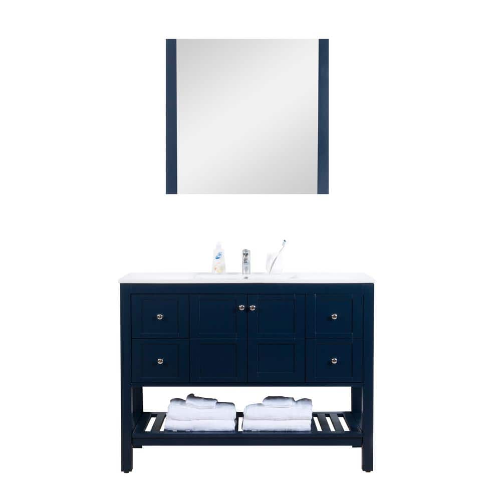 Manhattan 48 in. W x 18 in. D Vanity in Navy with White Ceramic Basin and M