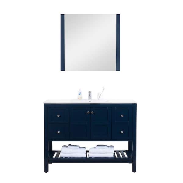 Unbranded Manhattan 48 in. W x 18 in. D Vanity in Navy with White Ceramic Basin and Mirror