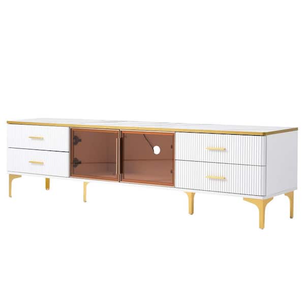 Harper & Bright Designs White Stylish LED TV Stand Fits TVs up to 70 to 78 in. with Marble-Veined Table Top and 4-Drawers