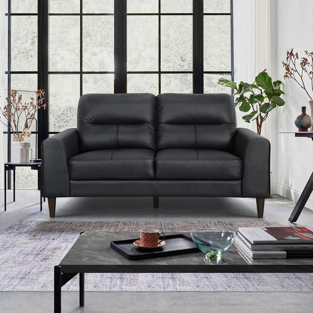 Black Faux Leather Loveseat with Solid Wood Legs
