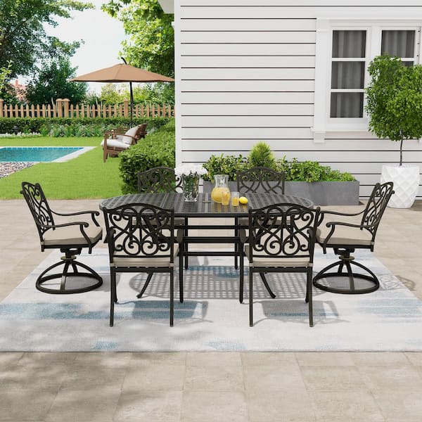 7-Piece Black Cast Aluminum Outdoor Dining Set with Grid Style Oval Table, Dining Chairs with Beige Cushions