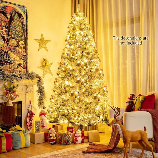 8 ft. Pre-lit Snow Flocked Hinged Artificial Christmas Tree with 1502 Tips and Metal Stand