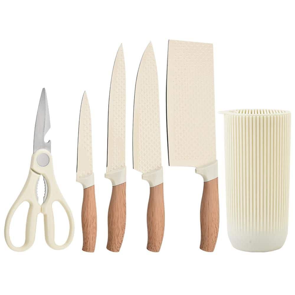 6-Piece Stainless Steel Beige Kitchen Knife Set with Knife Block, Anti-Rust Non-stick Sharp Chef Knife Set for Home - Thumbnail 2
