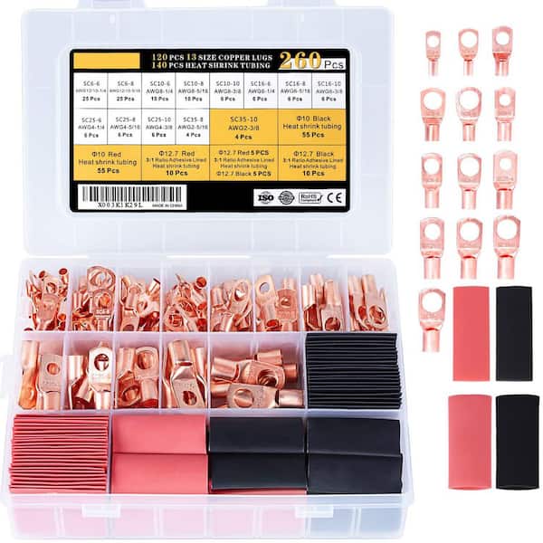 120Pcs Copper Ring Terminals AWG 2 4 6 8 10/12 with 140Pcs Heat Shrink Tubing Kit for Electrical Wiring