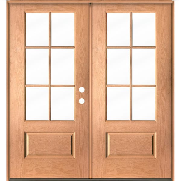 UINTAH Farmhouse 72 in. x 80 in. 6-Lite Left-Active Inswing Clear Glass Teak Stain Double Fiberglass Prehung Front Door