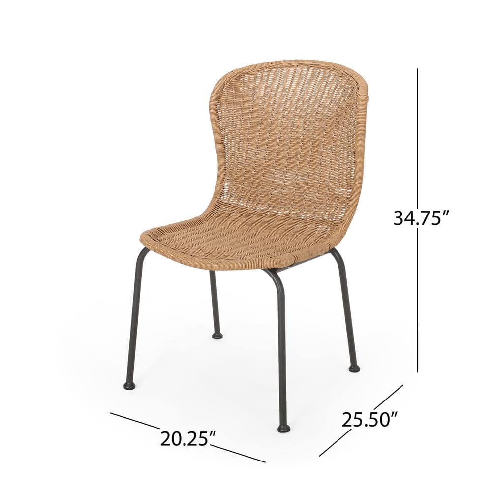 Light Brown Wicker Armless Dining Chair with Black Iron Frame