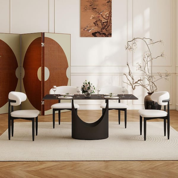 Magic Home 63 in. Black Sintered Stone Tabletop with Pedestal Dining Table with Black Base (Seats 6)