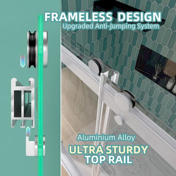 72 in. W x 79 in. H Double Sliding Frameless Shower Door in Brushed Nickel with Soft-Closing and 3/8 in. (10 mm) Glass