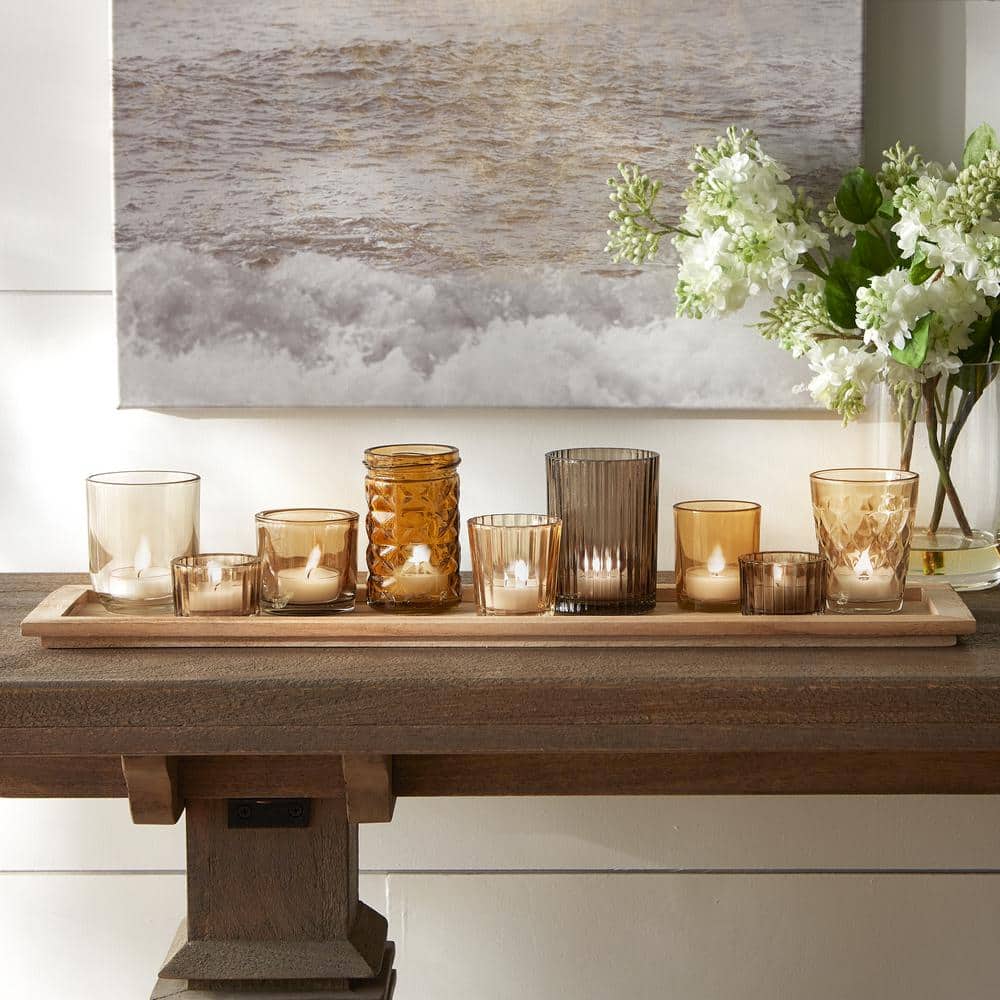 Brown Wood Tray with 9 Glass Votive Holders