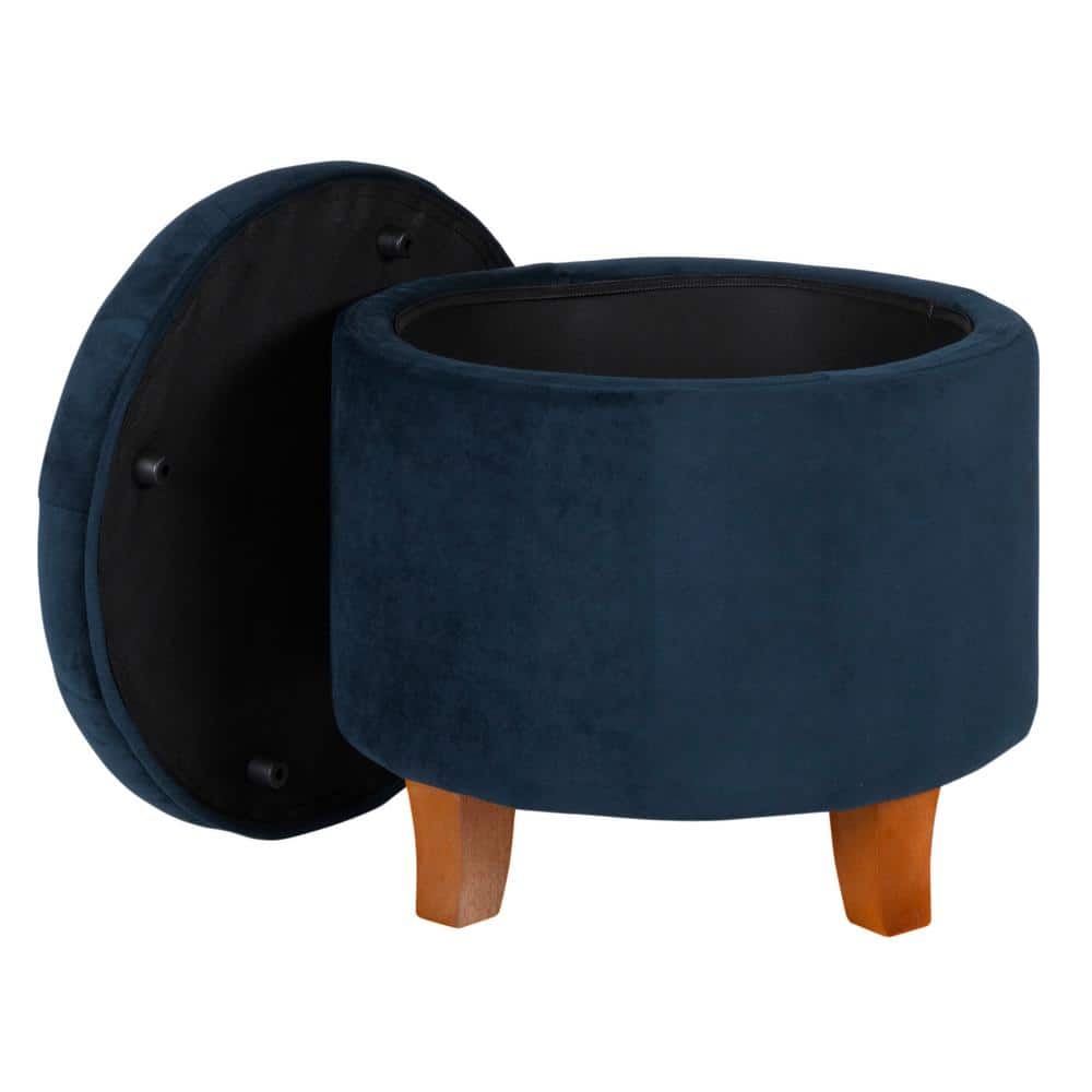 Navy Velvet Round Tufted Ottoman with Rustic Wood Legs