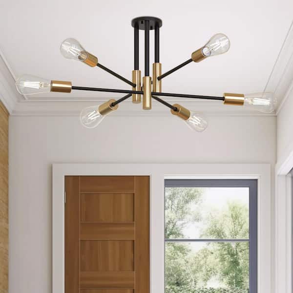 32.7 in. 6-Light Black Semi- Flush Mount with Aged Brass Socket Cups and No Bulb Included (1-Pack)