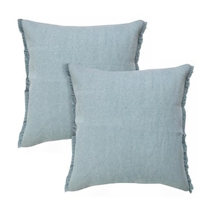 Nina Light Blue Solid Color Fringed Stonewashed 20 in. x 20 in. Throw Pillow Set of 2