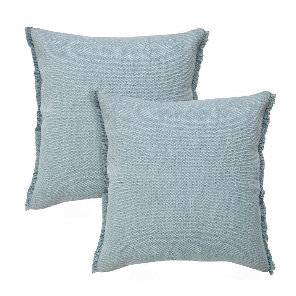 Nina Light Blue Solid Color Fringed Stonewashed 20 in. x 20 in. Indoor Thro