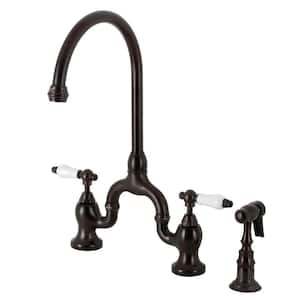 English Country Double-Handle Deck Mount Gooseneck Bridge Kitchen Faucet with Brass Sprayer in Oil Rubbed Bronze