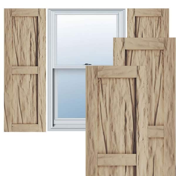 Ekena Millwork 18 in. x 74 in. Timberthane Polyurethane 2 Equal Panel Flat Panel Riverwood Faux Wood Shutters Pair