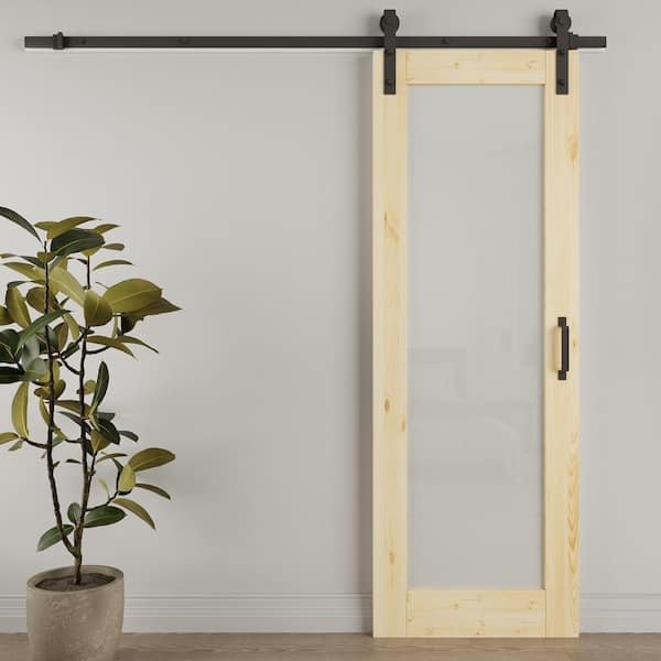 28 in. x 96 in. 1-Lite Tempered Frosted Glass Unfinished Solid Core Pine Wood Sliding Barn Door with Hardware Kit