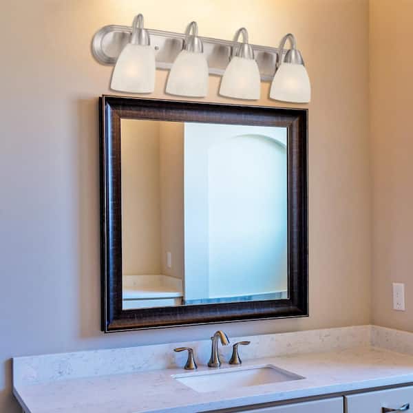 Torino 30 in. 4-Light Brushed Nickel Transitional Vanity Light with Alabaster Glass Shades