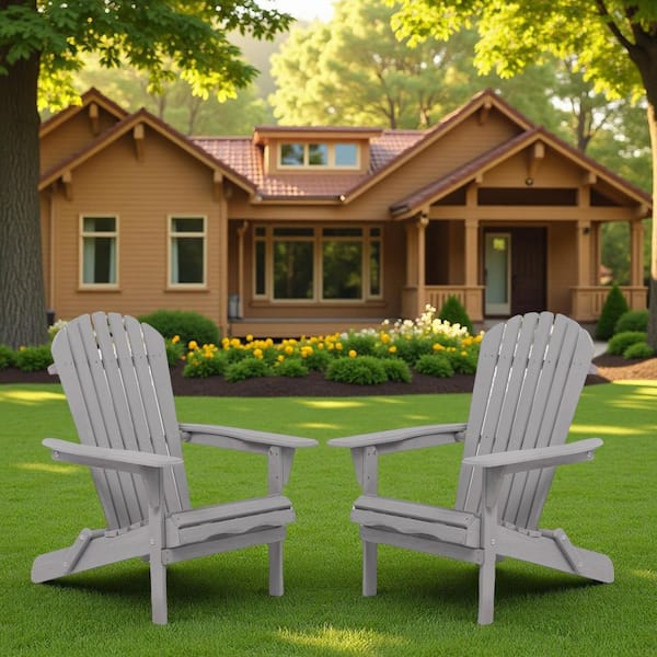 Unbranded Gray Folding Wood Adirondack Chair, Outdoor Lounge Chair (Set of 2)