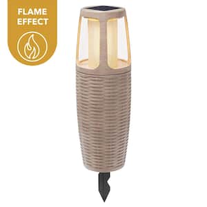 Ambrose Specialty Finish Natural Wicker LED Flicker Flame Outdoor Solar Bollard Light