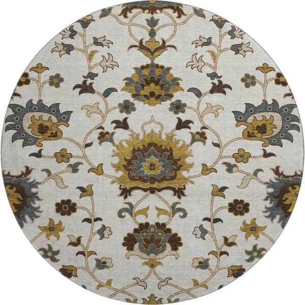 Mayfield Premium Machine Washable Abstract AMF2290 Ivory 8 ft. x 8 ft. Round Rug