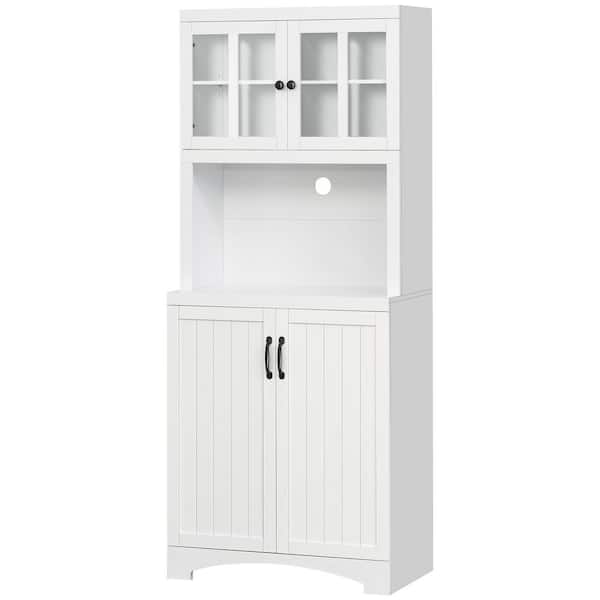 70 in. Wood Pantry Organizer with Glass Framed Door, Adjustable Shelves and Microwave Space in White