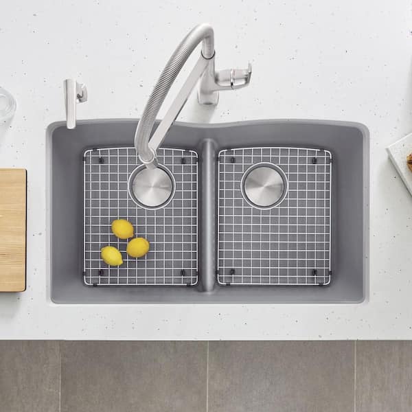 DIAMOND Undermount Granite Composite 32.06 in. 50/50 Double Bowl Kitchen Sink in Metallic Gray